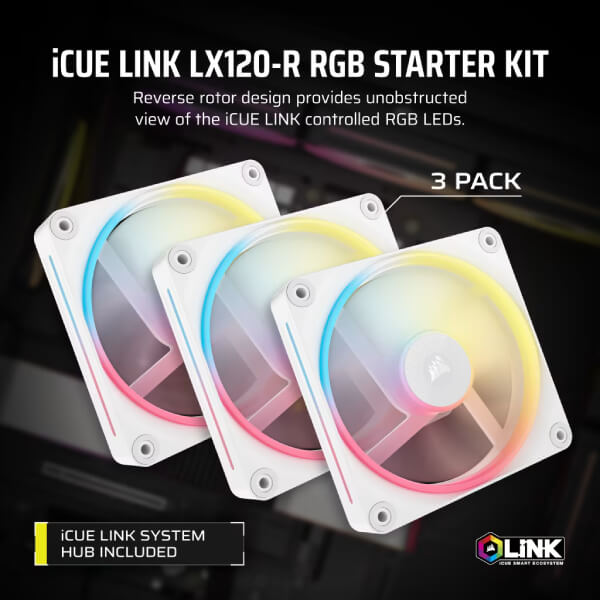 Corsair iCUE Link LX120-R RGB White Cabinet Fan, Triple Pack